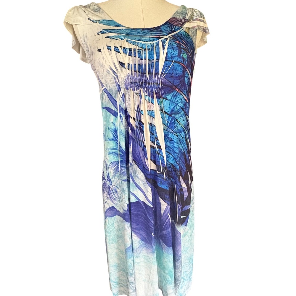 One World Live and Let Live Blue Abstract Wing Print Fringe Dress Small